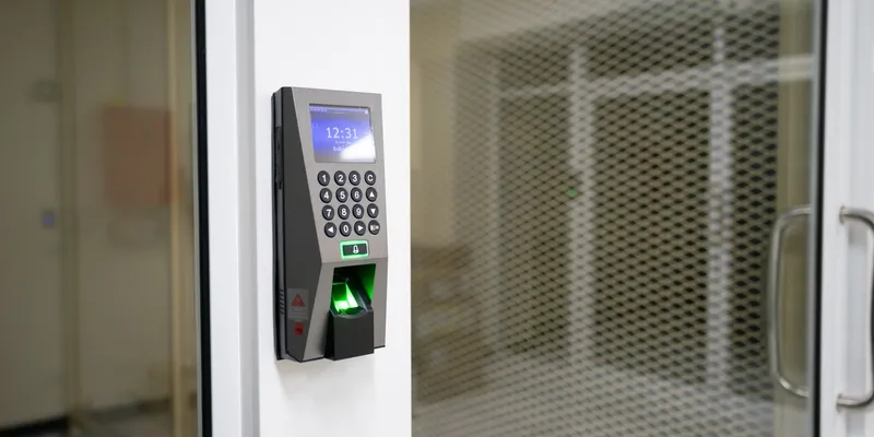 Terminal biométrica de huella instalada en la pared de una oficina