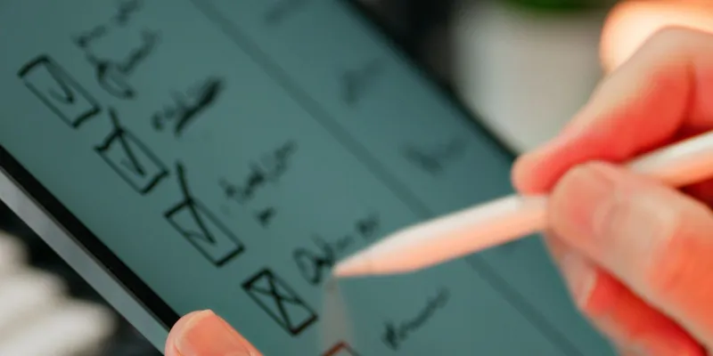 Manos llenando una lista de verificación digital en una tableta con un lápiz óptico